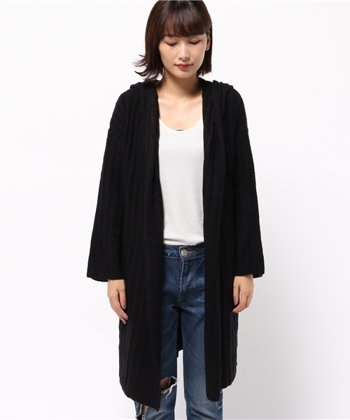 Re:EDIT（リエディ）の「[リエディ]フード付きブークレPUリブニットコート/コーディガン/アウター/カーディガン（カーディガン/ボレロ・レディース・グレー/ブラック/アイボリー/ピンクベージュ・LARGE/MEDIUM）」の6枚目の写真