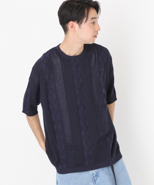 niko and...（ニコアンド）の「アラン柄半袖プルオーバーニット（ニット/セーター・メンズ・ネイビー/グレー/アイボリー・MEDIUM/LARGE）」の3枚目の写真