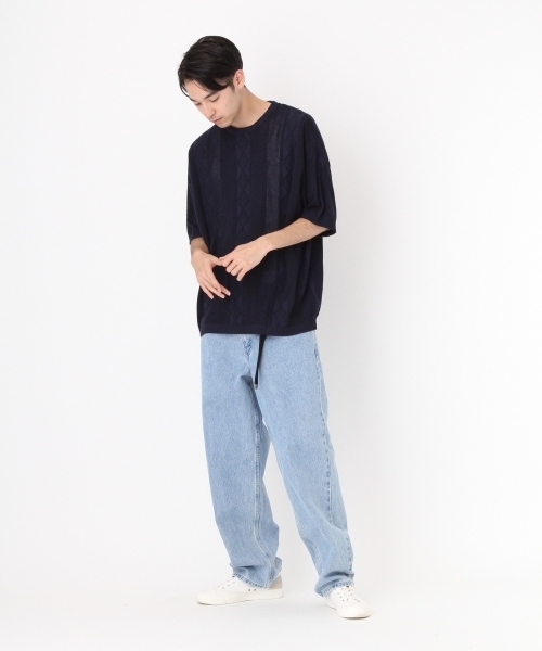 niko and...（ニコアンド）の「アラン柄半袖プルオーバーニット（ニット/セーター・メンズ・ネイビー/グレー/アイボリー・MEDIUM/LARGE）」の6枚目の写真