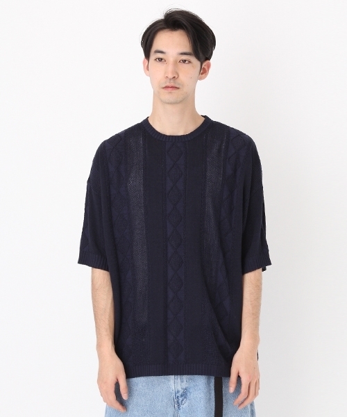 niko and...（ニコアンド）の「アラン柄半袖プルオーバーニット（ニット/セーター・メンズ・ネイビー/グレー/アイボリー・MEDIUM/LARGE）」の13枚目の写真