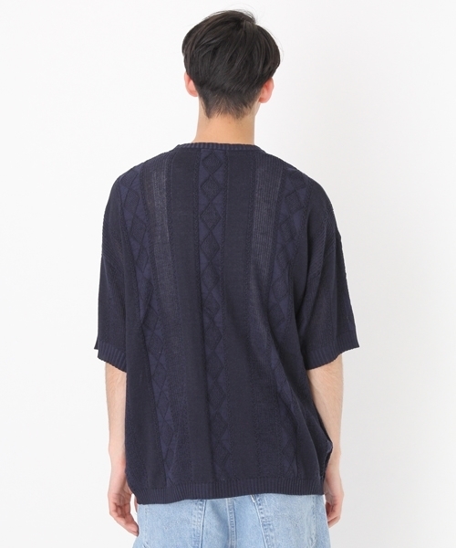 niko and...（ニコアンド）の「アラン柄半袖プルオーバーニット（ニット/セーター・メンズ・ネイビー/グレー/アイボリー・MEDIUM/LARGE）」の4枚目の写真