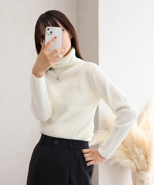 Social GIRL（ソーシャルガール）の「タートルネックリブニット（ニット/セーター・レディース・グレー/パープル/グリーン/ブルー/マスタード/ブラック/オフホワイト/ピンク/ベージュ/ブラウン・M/L）」の2枚目の写真