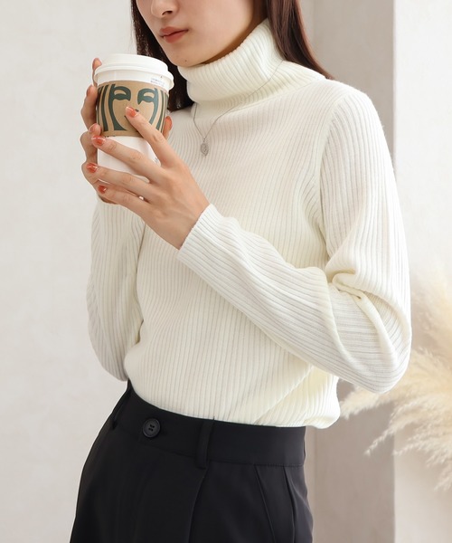 Social GIRL（ソーシャルガール）の「タートルネックリブニット（ニット/セーター・レディース・グレー/パープル/グリーン/ブルー/マスタード/ブラック/オフホワイト/ピンク/ベージュ/ブラウン・M/L）」の13枚目の写真