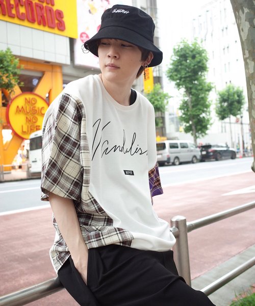 rovtski(ロフトスキー)の「【ビッグシルエット】JERZY CHECK MIX MIX DORMAN SHIRT/オーバーサイズ ジャージーチェックミックスドルマンTシャツ(Tシャツ/カットソー・メンズ・パープル系その他/イエロー系その他/レッド系その他・FREE)」の2枚目の写真