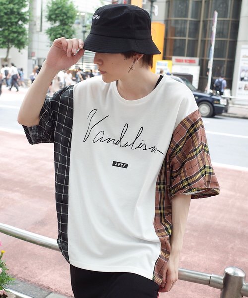 rovtski(ロフトスキー)の「【ビッグシルエット】JERZY CHECK MIX MIX DORMAN SHIRT/オーバーサイズ ジャージーチェックミックスドルマンTシャツ(Tシャツ/カットソー・メンズ・パープル系その他/イエロー系その他/レッド系その他・FREE)」の1枚目の写真