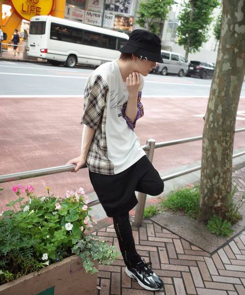 rovtski(ロフトスキー)の「【ビッグシルエット】JERZY CHECK MIX MIX DORMAN SHIRT/オーバーサイズ ジャージーチェックミックスドルマンTシャツ(Tシャツ/カットソー・メンズ・パープル系その他/イエロー系その他/レッド系その他・FREE)」の4枚目の写真