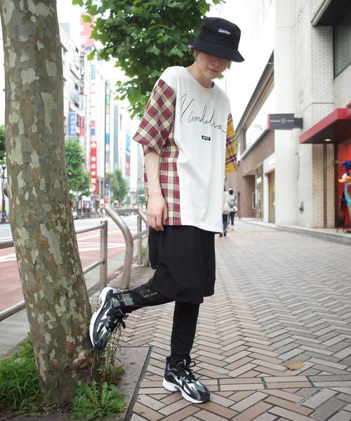 rovtski(ロフトスキー)の「【ビッグシルエット】JERZY CHECK MIX MIX DORMAN SHIRT/オーバーサイズ ジャージーチェックミックスドルマンTシャツ(Tシャツ/カットソー・メンズ・パープル系その他/イエロー系その他/レッド系その他・FREE)」の5枚目の写真