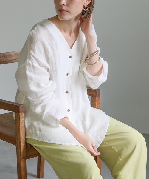 美品 GASA ガサ ノーカラー リネン ブラウス シャツ 日本製 美品 GASA ガサ ノーカラー リネン ブラウス シャツ 日本製 - トップス