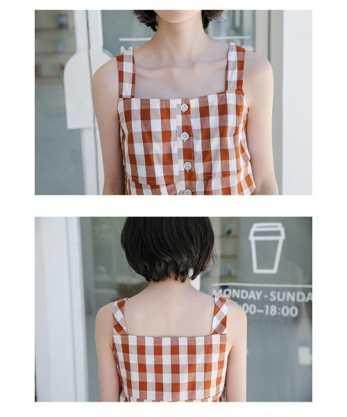 セール】コットン100% チェック柄スクエアネック ノースリーブブラウス