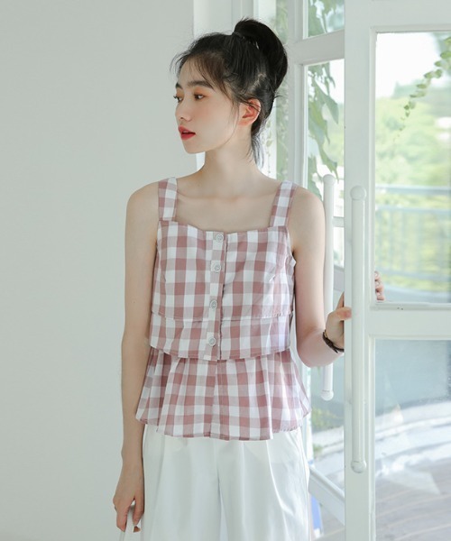 セール】コットン100% チェック柄スクエアネック ノースリーブブラウス