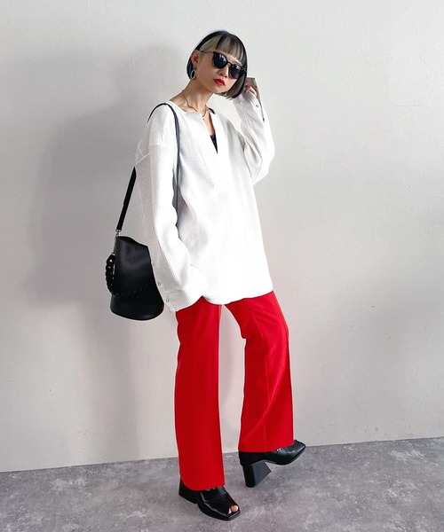 PAGEBOY（ページボーイ）の「ヘビーワッフルVネックプルオーバー（Tシャツ/カットソー・レディース・ブラック/オフホワイト/ブルー/グレイッシュベージュ・FREE）」の7枚目の写真