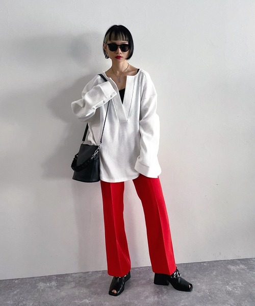 PAGEBOY（ページボーイ）の「ヘビーワッフルVネックプルオーバー（Tシャツ/カットソー・レディース・ブラック/オフホワイト/ブルー/グレイッシュベージュ・FREE）」の8枚目の写真