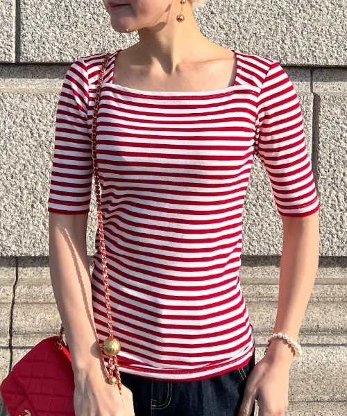 JENNE（ジェンヌ）の「スクエアネック　半袖Ｔシャツ（Tシャツ/カットソー・レディース・ネイビー/レッド・SMALL/LARGE/MEDIUM）」の15枚目の写真