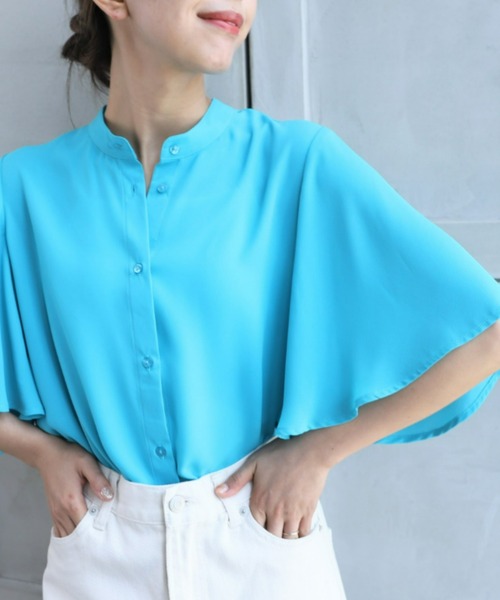 moment+（モーメントプラス）の「【累計販売枚数1万枚突破！】シフォンジョーゼット半袖無地＆ドットプリント アソートラッフルスリーブブラウス（シャツ/ブラウス・レディース・ライトグリーン/ピンク/ターコイズブルー/オフホワイト/ブラック/ブラック系その他/サックスブルー/ホワイト系その他/イエロー/ネイビー・M/L）」の8枚目の写真