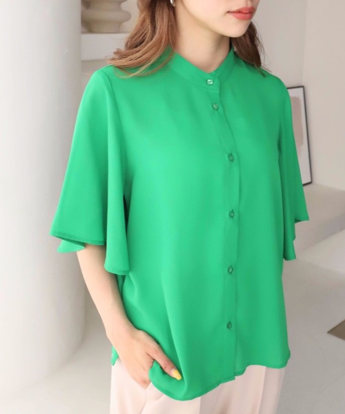 moment+（モーメントプラス）の「【累計販売枚数1万枚突破！】シフォンジョーゼット半袖無地＆ドットプリント アソートラッフルスリーブブラウス（シャツ/ブラウス・レディース・ライトグリーン/ピンク/ターコイズブルー/オフホワイト/ブラック/ブラック系その他/サックスブルー/ホワイト系その他/イエロー/ネイビー・M/L）」の5枚目の写真