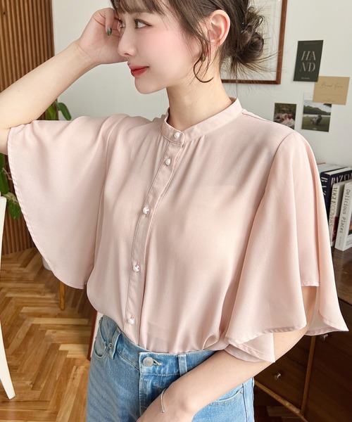 moment+（モーメントプラス）の「【累計販売枚数1万枚突破！】シフォンジョーゼット半袖無地＆ドットプリント アソートラッフルスリーブブラウス（シャツ/ブラウス・レディース・ライトグリーン/ピンク/ターコイズブルー/オフホワイト/ブラック/ブラック系その他/サックスブルー/ホワイト系その他/イエロー/ネイビー・M/L）」の15枚目の写真