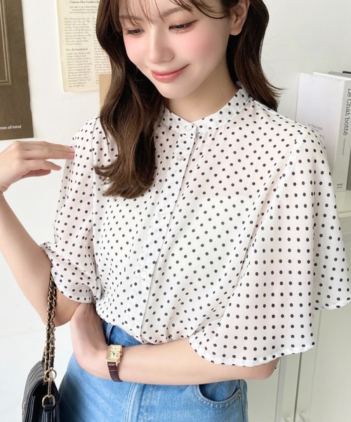 moment+(モーメントプラス)の「【累計販売枚数1万枚突破!】シフォンジョーゼット半袖無地&ドットプリント アソートラッフルスリーブブラウス(シャツ/ブラウス・レディース・ライトグリーン/ピンク/ターコイズブルー/オフホワイト/ブラック/ブラック系その他/サックスブルー/ホワイト系その他/イエロー/ネイビー・M/L)」の16枚目の写真