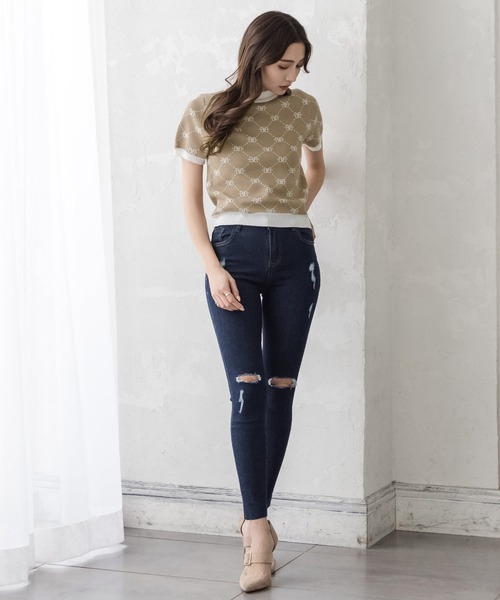 Julia Boutique(ジュリアブティック)の「BBロゴ柄半袖ニットトップス/22031(ニット/セーター・レディース・モカ/ホワイト/アイボリー/ベージュ/ブラック・ONE)」の15枚目の写真