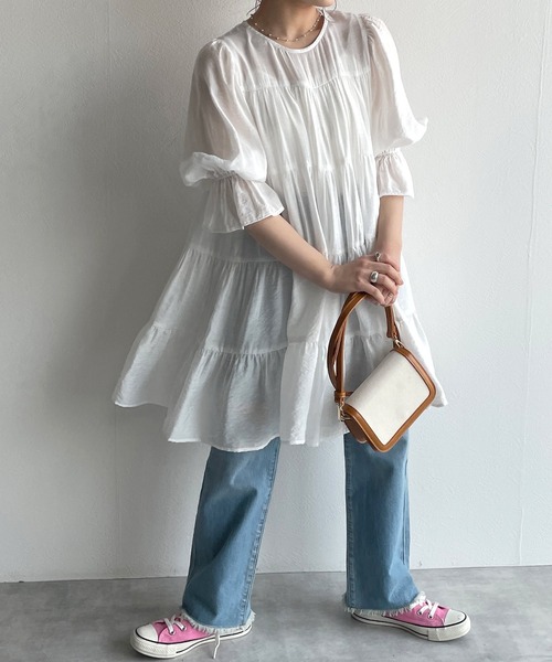 w closet(ダブルクローゼット)の「ラウンドネックティアードチュニック(シャツ/ブラウス・レディース・ブラック/オフホワイト/ミント・FREE)」の4枚目の写真