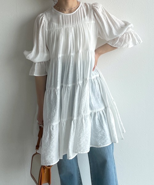 w closet(ダブルクローゼット)の「ラウンドネックティアードチュニック(シャツ/ブラウス・レディース・ブラック/オフホワイト/ミント・FREE)」の6枚目の写真