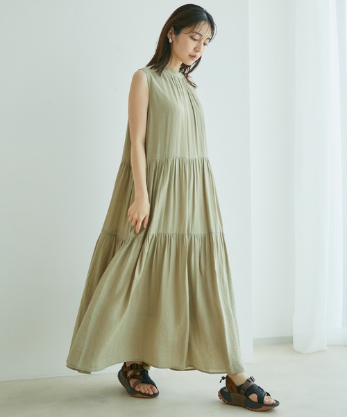 【選べる着丈】柄アソートスタンドカラーティアードノースリーブワンピース