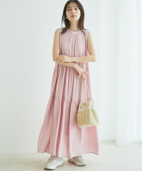 【選べる着丈】柄アソートスタンドカラーティアードノースリーブワンピース