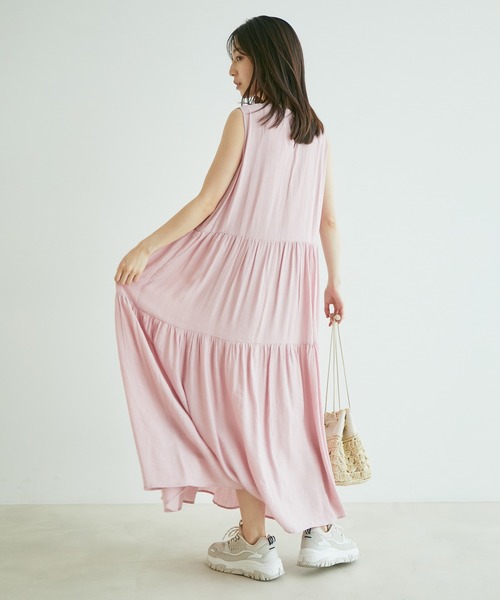 【選べる着丈】柄アソートスタンドカラーティアードノースリーブワンピース