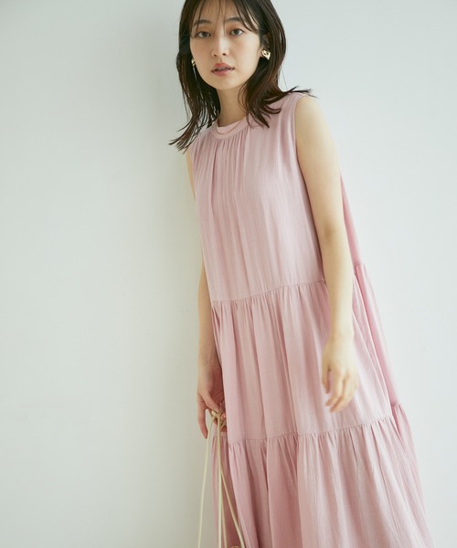 【選べる着丈】柄アソートスタンドカラーティアードノースリーブワンピース