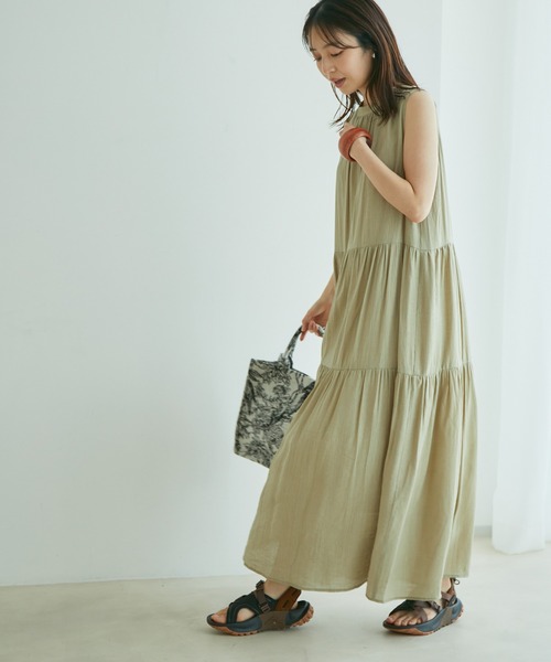 【選べる着丈】柄アソートスタンドカラーティアードノースリーブワンピース