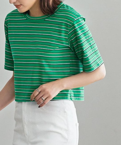KOBE LETTUCE（コウベレタス）の「クロップドボーダーTシャツ[C6218]（Tシャツ/カットソー・レディース・グリーン/オフホワイト/ピンク・FREE）」の2枚目の写真
