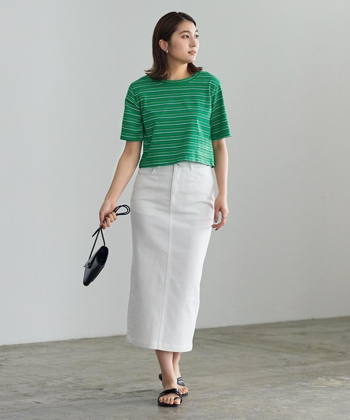 KOBE LETTUCE（コウベレタス）の「クロップドボーダーTシャツ[C6218]（Tシャツ/カットソー・レディース・グリーン/オフホワイト/ピンク・FREE）」の6枚目の写真