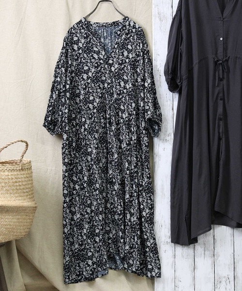 HONEYSUCKLE ROSE（ハニーサックルローズ）の「【HONEYSUCKLE ROSE】ギャザーワンピース（シャツワンピース・レディース・ブラック/ダークグレー・M/L）」の7枚目の写真