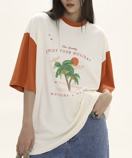 MASONPRINCE(メイソンプリンス)の「バイカラー トロピカルプリント Tシャツ TX22618【DO NOT TAG】(Tシャツ/カットソー・レディース・ブラック/グリーン/オレンジ・S/M/L)」の3枚目の写真