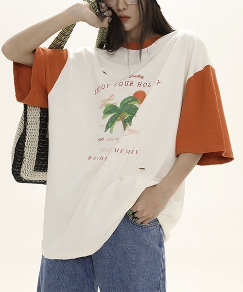 MASONPRINCE(メイソンプリンス)の「バイカラー トロピカルプリント Tシャツ TX22618【DO NOT TAG】(Tシャツ/カットソー・レディース・ブラック/グリーン/オレンジ・S/M/L)」の5枚目の写真
