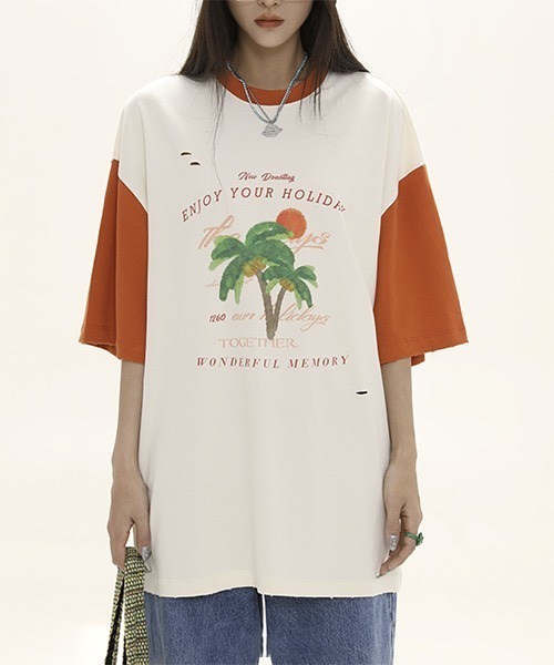 MASONPRINCE(メイソンプリンス)の「バイカラー トロピカルプリント Tシャツ TX22618【DO NOT TAG】(Tシャツ/カットソー・レディース・ブラック/グリーン/オレンジ・S/M/L)」の6枚目の写真