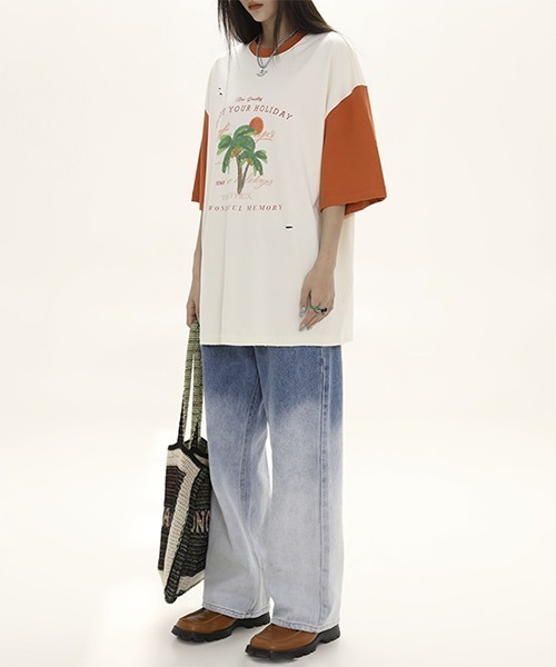 MASONPRINCE(メイソンプリンス)の「バイカラー トロピカルプリント Tシャツ TX22618【DO NOT TAG】(Tシャツ/カットソー・レディース・ブラック/グリーン/オレンジ・S/M/L)」の7枚目の写真