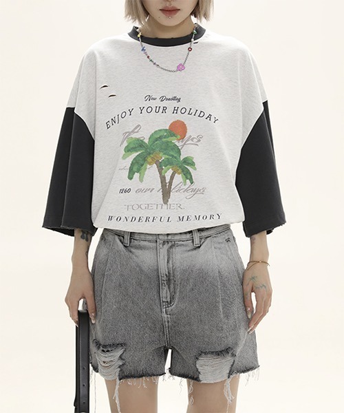 MASONPRINCE(メイソンプリンス)の「バイカラー トロピカルプリント Tシャツ TX22618【DO NOT TAG】(Tシャツ/カットソー・レディース・ブラック/グリーン/オレンジ・S/M/L)」の10枚目の写真