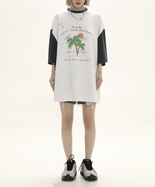 MASONPRINCE(メイソンプリンス)の「バイカラー トロピカルプリント Tシャツ TX22618【DO NOT TAG】(Tシャツ/カットソー・レディース・ブラック/グリーン/オレンジ・S/M/L)」の11枚目の写真