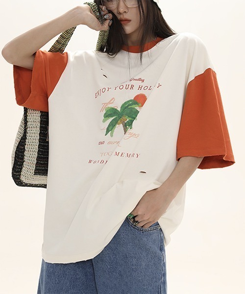 MASONPRINCE(メイソンプリンス)の「バイカラー トロピカルプリント Tシャツ TX22618【DO NOT TAG】(Tシャツ/カットソー・レディース・ブラック/グリーン/オレンジ・S/M/L)」の21枚目の写真