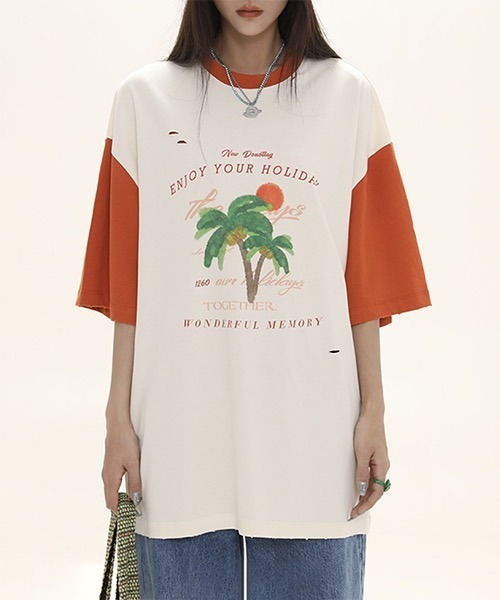 MASONPRINCE(メイソンプリンス)の「バイカラー トロピカルプリント Tシャツ TX22618【DO NOT TAG】(Tシャツ/カットソー・レディース・ブラック/グリーン/オレンジ・S/M/L)」の22枚目の写真