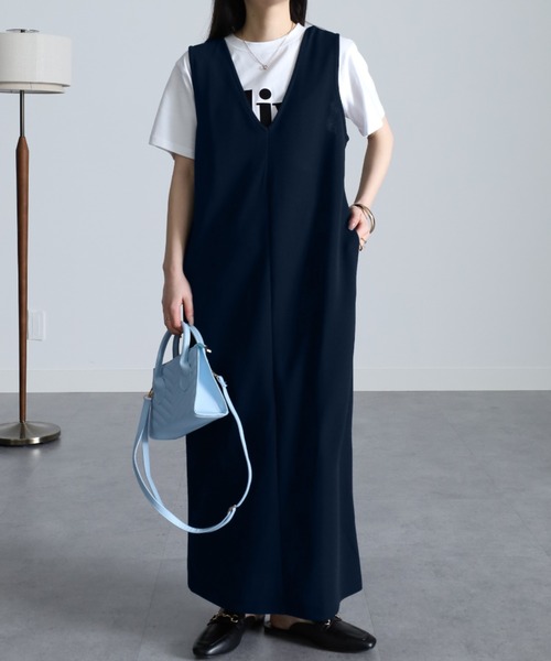 RANAN（ラナン）の「Vネックジャンパースカート　ロング丈（ジャンパースカート・レディース・サンドグレー/ネイビー/ブラック/ベージュ・LL/L/M）」の7枚目の写真