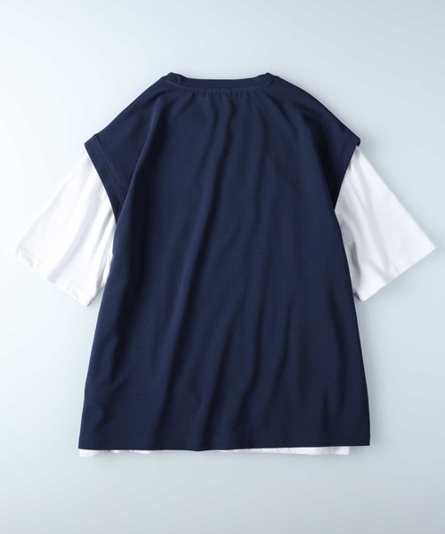 PLUS ONE(プラスワン)の「PLUS ONE(プラスワン)梨地ベストレイヤード(Tシャツ/カットソー・メンズ・ベージュ/ネイビー/グリーン・XL/L/M)」の6枚目の写真