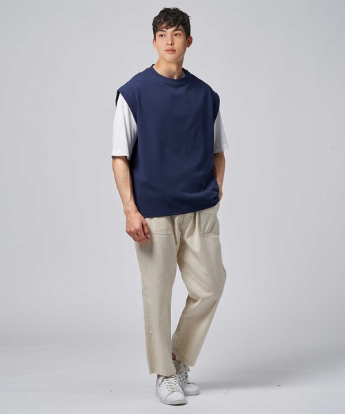 PLUS ONE(プラスワン)の「PLUS ONE(プラスワン)梨地ベストレイヤード(Tシャツ/カットソー・メンズ・ベージュ/ネイビー/グリーン・XL/L/M)」の18枚目の写真