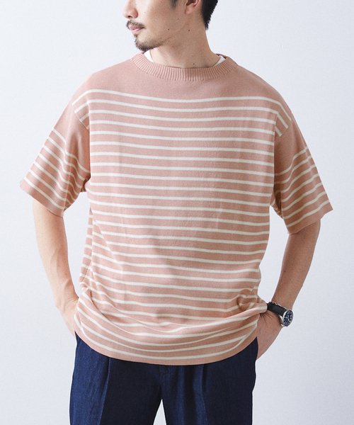 417 EDIFICE(フォーワンセブンエディフィス)の「リネンライクMVS ボーダーニット Tシャツ(Tシャツ/カットソー・メンズ・グレー/ブラック/ピンク系その他/ホワイト/ライトグリーン・MEDIUM/LARGE/X-LARGE)」の1枚目の写真