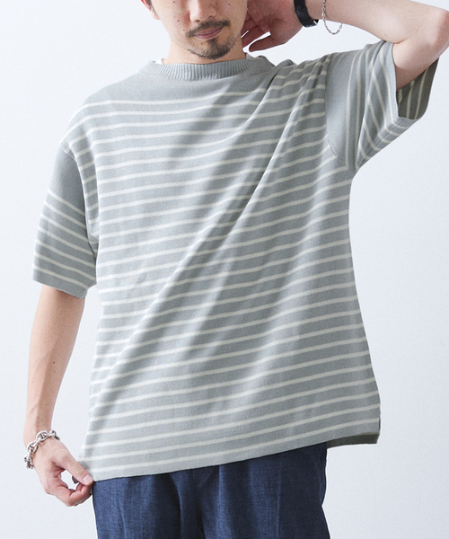 417 EDIFICE(フォーワンセブンエディフィス)の「リネンライクMVS ボーダーニット Tシャツ(Tシャツ/カットソー・メンズ・グレー/ブラック/ピンク系その他/ホワイト/ライトグリーン・MEDIUM/LARGE/X-LARGE)」の4枚目の写真