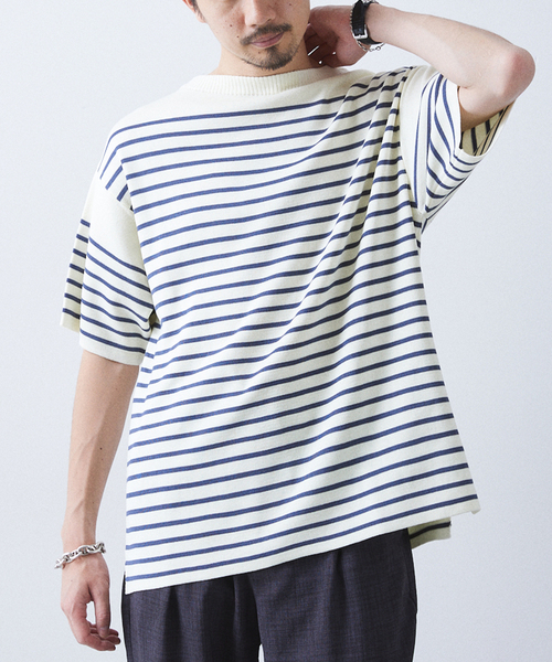 417 EDIFICE(フォーワンセブンエディフィス)の「リネンライクMVS ボーダーニット Tシャツ(Tシャツ/カットソー・メンズ・グレー/ブラック/ピンク系その他/ホワイト/ライトグリーン・MEDIUM/LARGE/X-LARGE)」の2枚目の写真