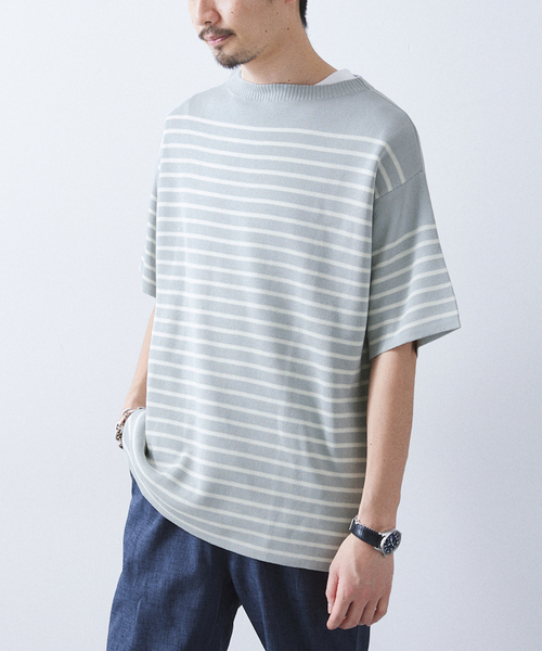 417 EDIFICE(フォーワンセブンエディフィス)の「リネンライクMVS ボーダーニット Tシャツ(Tシャツ/カットソー・メンズ・グレー/ブラック/ピンク系その他/ホワイト/ライトグリーン・MEDIUM/LARGE/X-LARGE)」の12枚目の写真