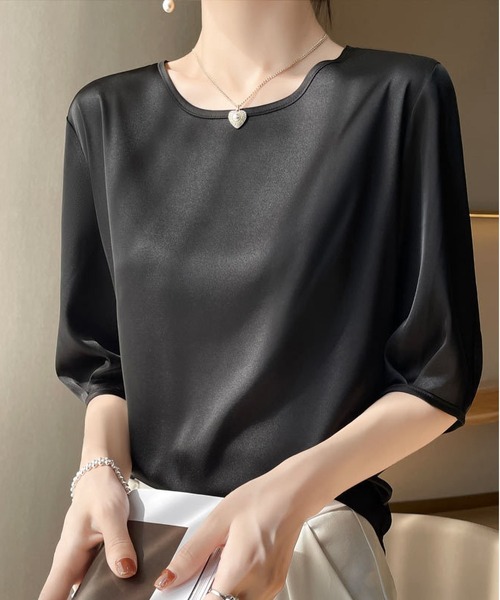 BLANC FICELLE(ブランフィセル)の「5分袖 エレガンス Tシャツ(Tシャツ/カットソー・レディース・ブラック/グレー/レッド/グリーン/ピンク/アイボリー・M/L/XL)」の2枚目の写真