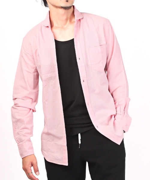 LUXSTYLE(ラグスタイル)の「綿麻ホリゾンタルカラー長袖シャツ(シャツ/ブラウス・メンズ・ホワイト/ブラック/ネイビー/ピンク/カーキ・M/L/XL)」の1枚目の写真