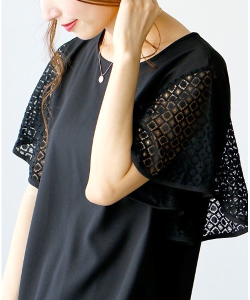 Ehre style(エーレスタイル)の「甘盛りしない!落ち袖レースフリルトップス(Tシャツ/カットソー・レディース・ブラック/ホワイト・FREE)」の14枚目の写真